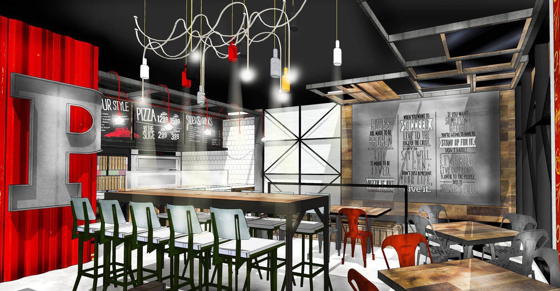 An artist 's impression of a restaurant with tables and chairs.