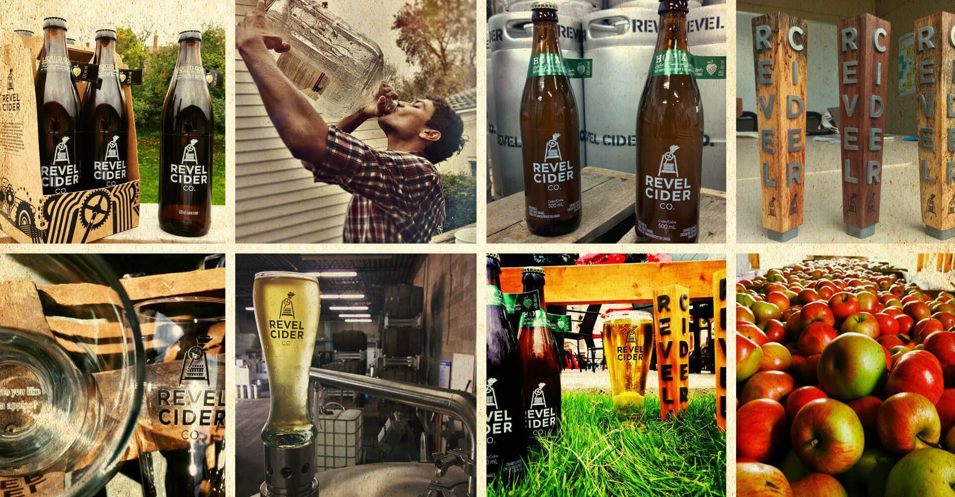 A collage of pictures shows a man drinking beer and apples