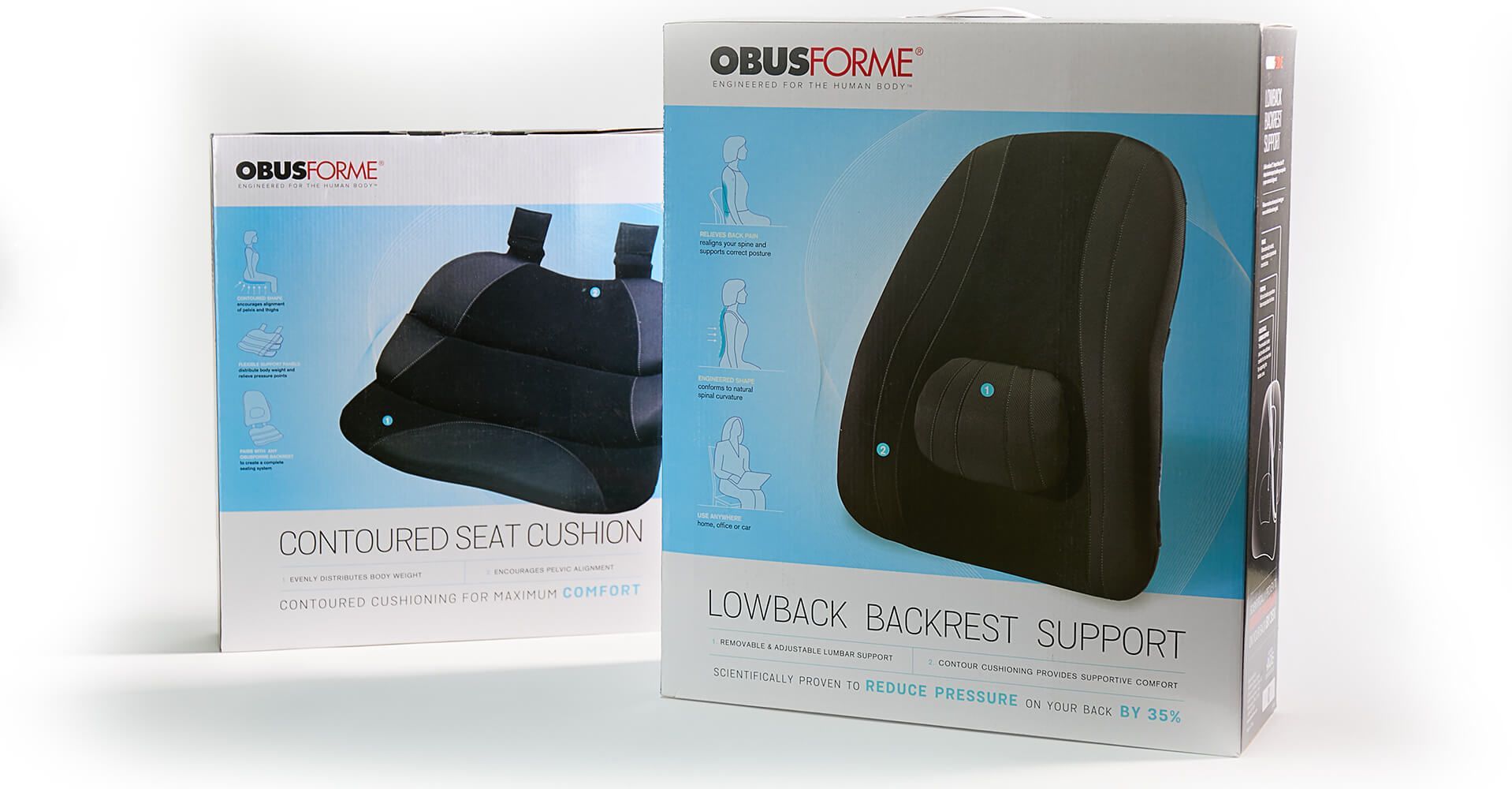 Two boxes of different types of back cushions are sitting next to each other