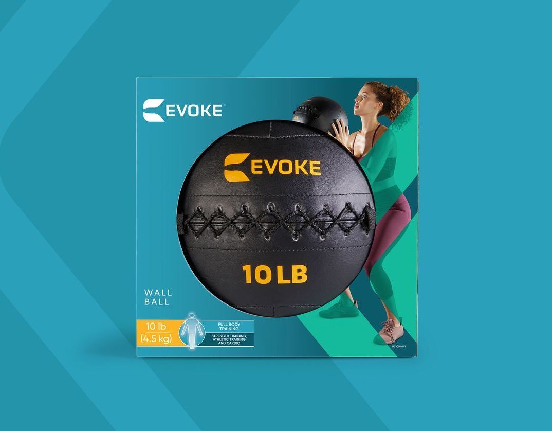A evoke medicine ball is in a box on a blue background