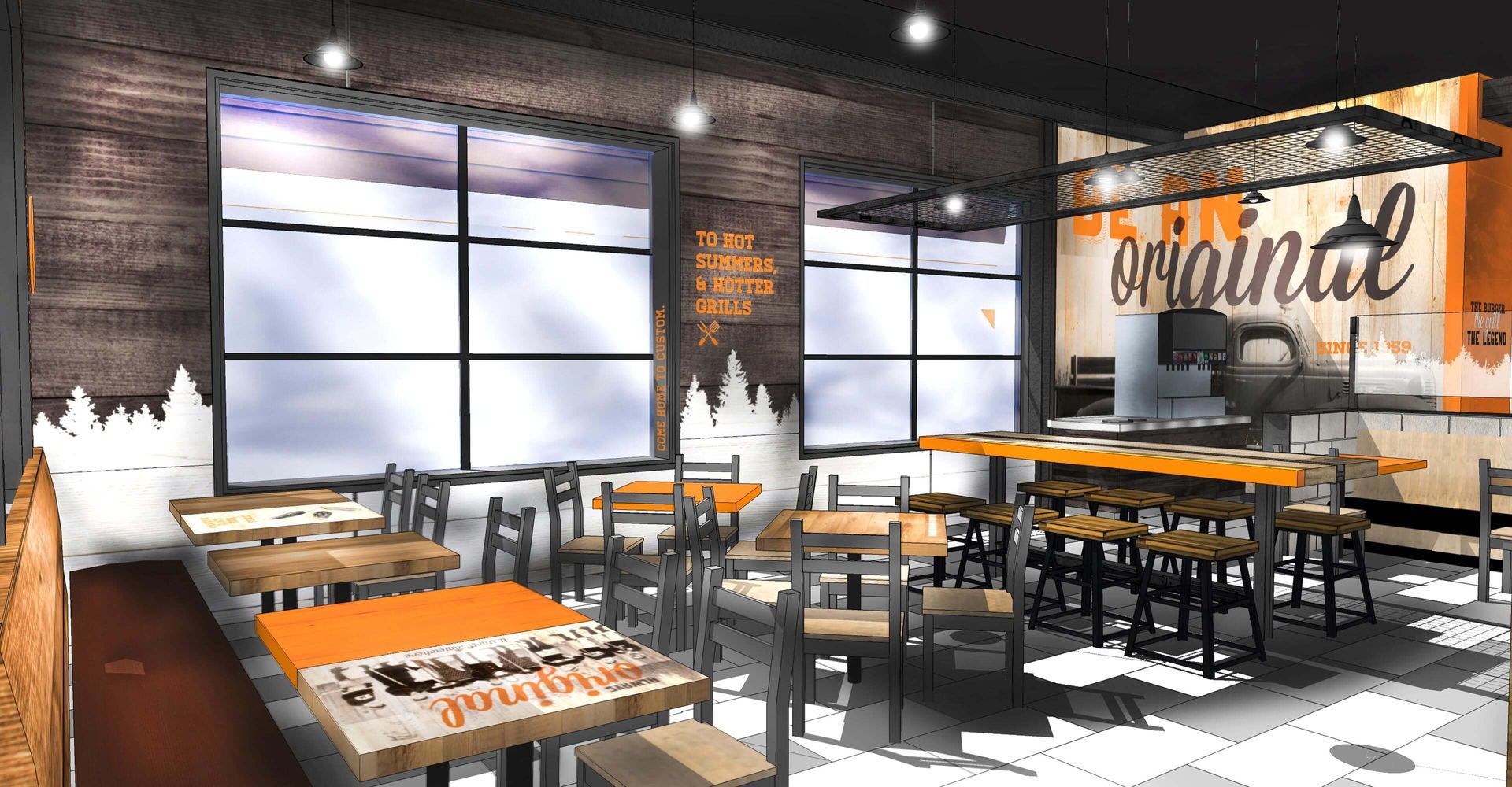 An artist 's impression of a restaurant with tables and chairs.