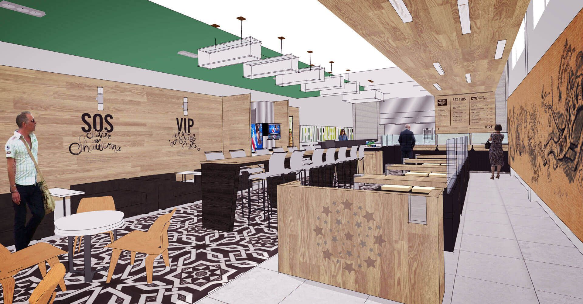 An artist 's impression of a restaurant with tables and chairs.