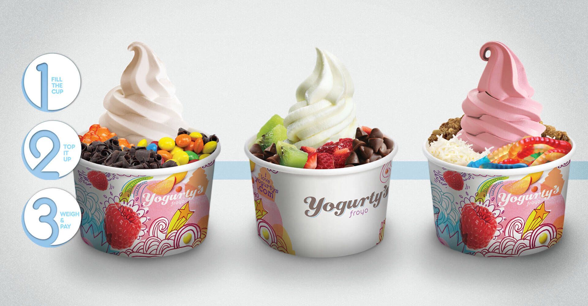 Three cups of yogurt with different toppings on them