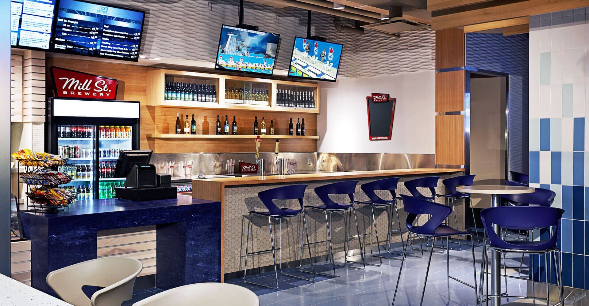 A rendering of a restaurant with a bar and tables