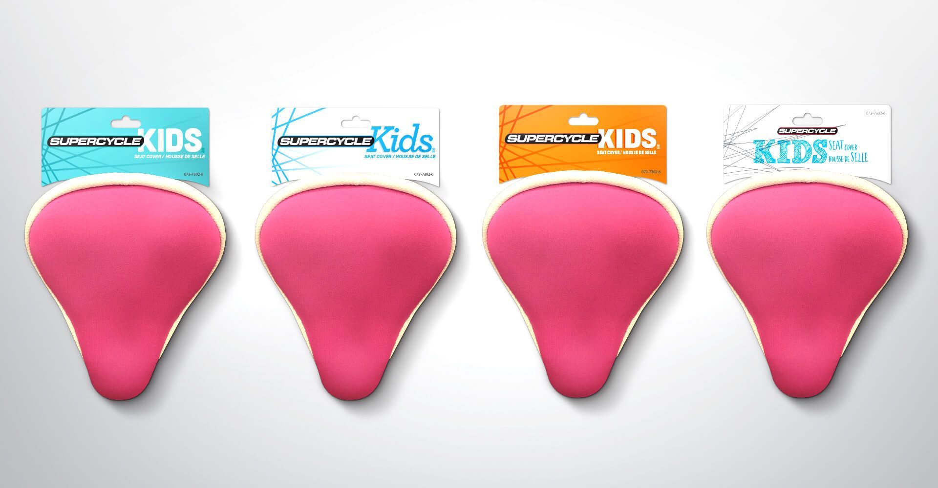 A row of pink bicycle seat covers for kids