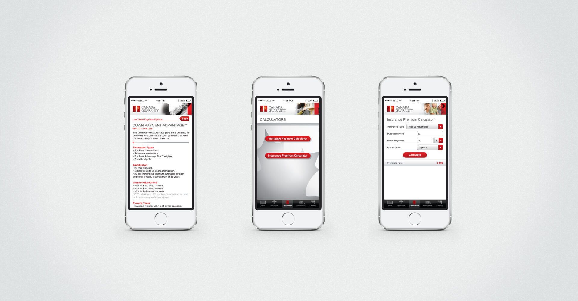 Three cell phones are displaying different screens on a white background.