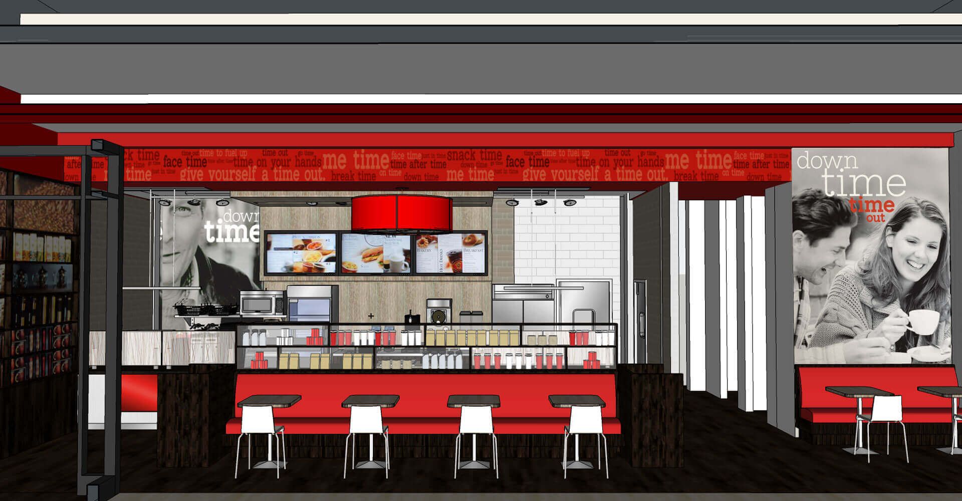 An artist 's impression of a restaurant with tables and chairs.