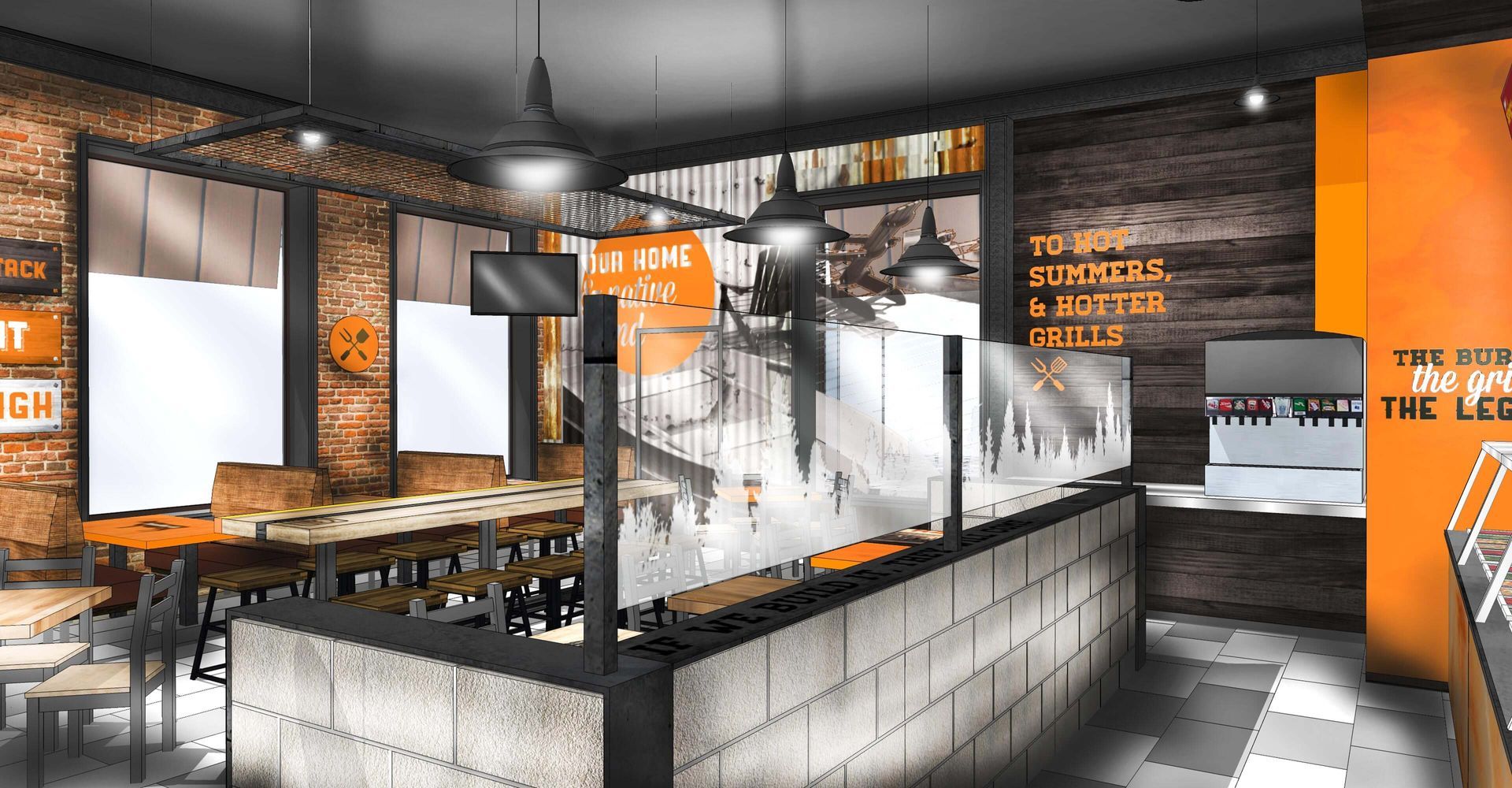 An artist 's impression of a restaurant with tables and chairs.