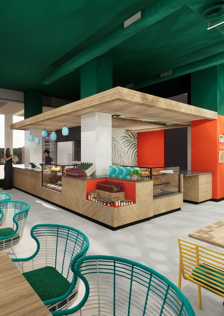 An artist 's impression of a restaurant with tables and chairs