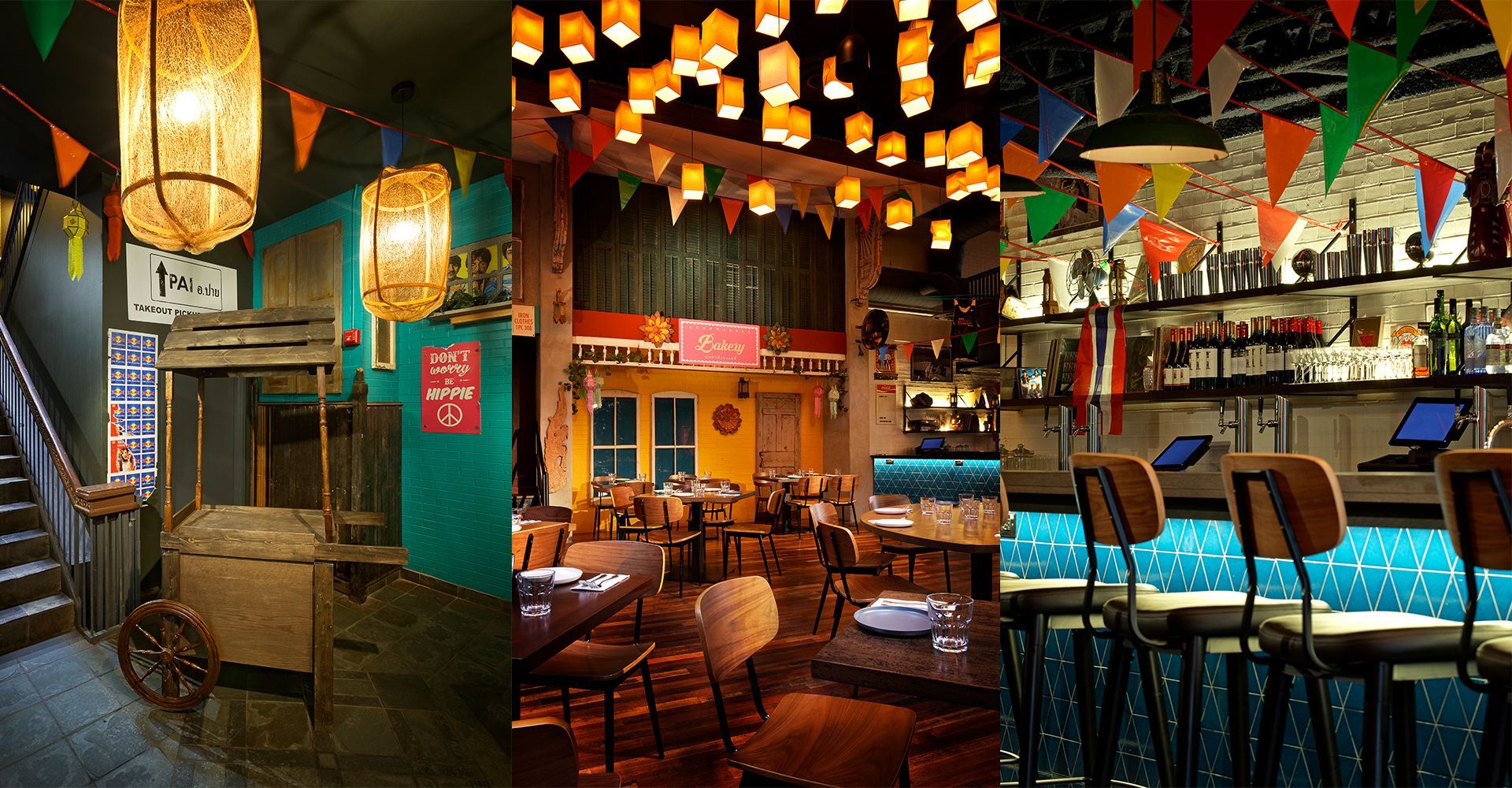 A restaurant with tables and chairs and a bar
