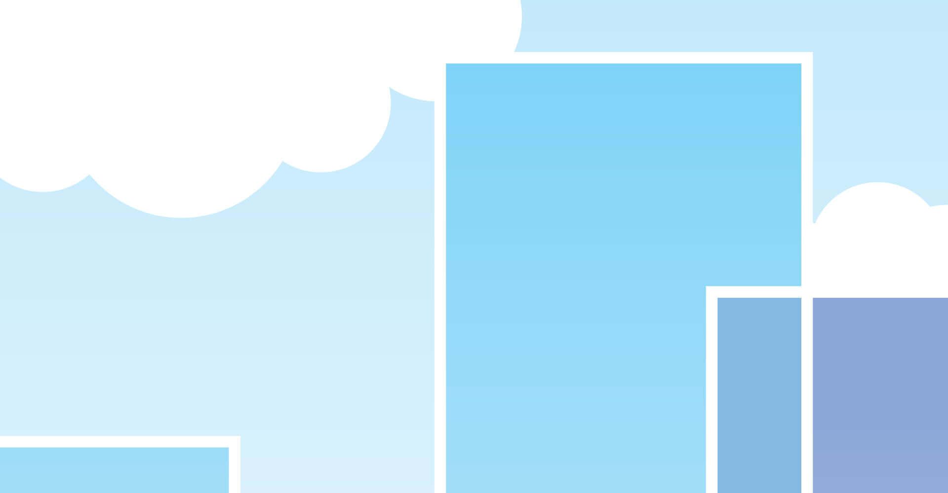 A collage of blue squares against a blue sky with clouds.