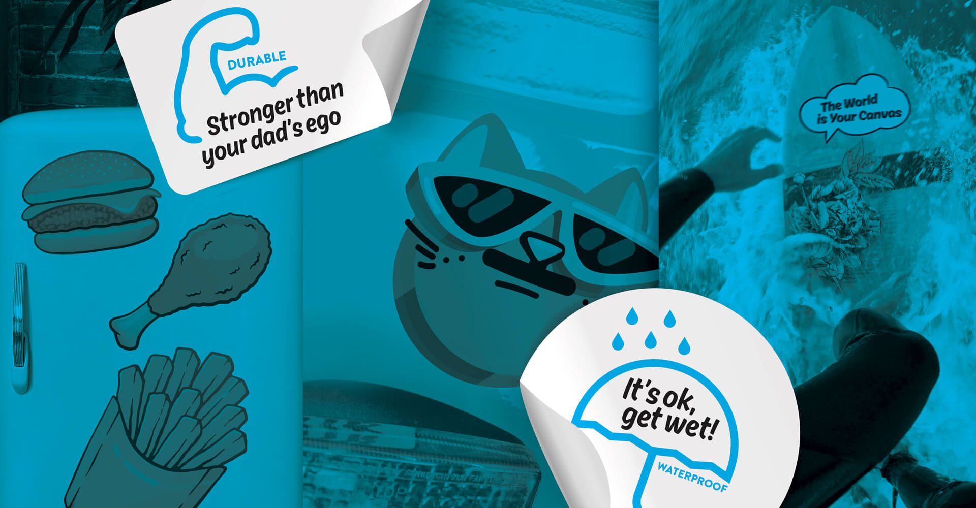 A sticker that says `` it 's ok to get wet '' is on a blue background.