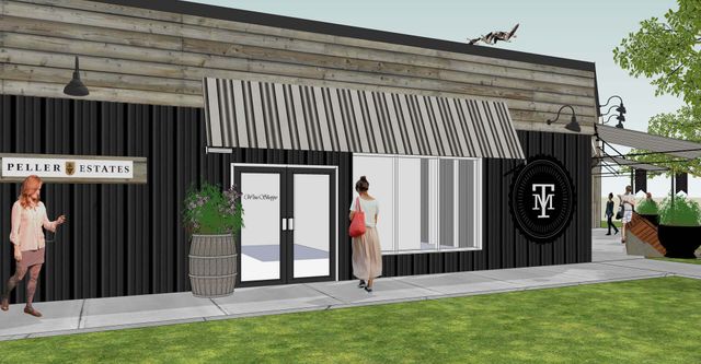 An artist 's impression of a building with a striped awning