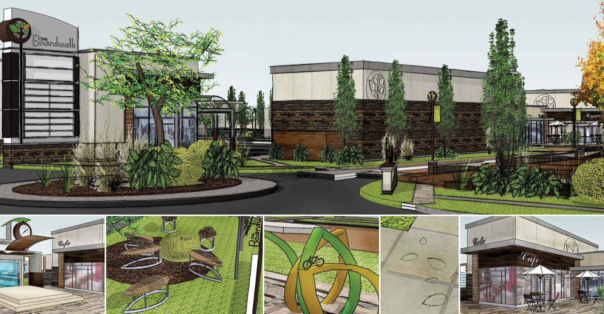 A collage of images of a building with trees in front of it