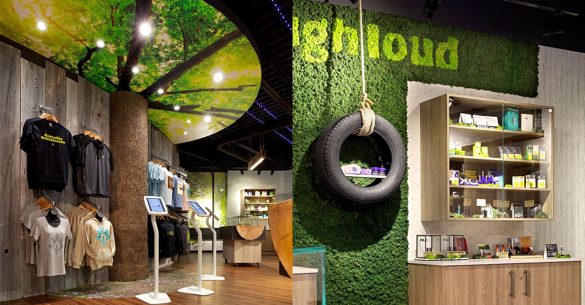 A picture of a store with a tire hanging from the ceiling.