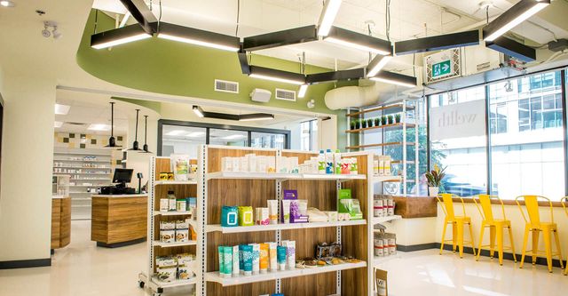A pharmacy with a lot of shelves and a counter.