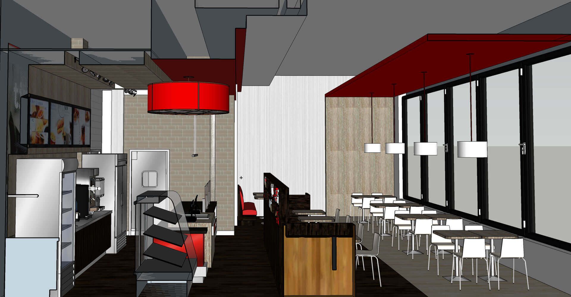 A computer generated image of a restaurant with tables and chairs