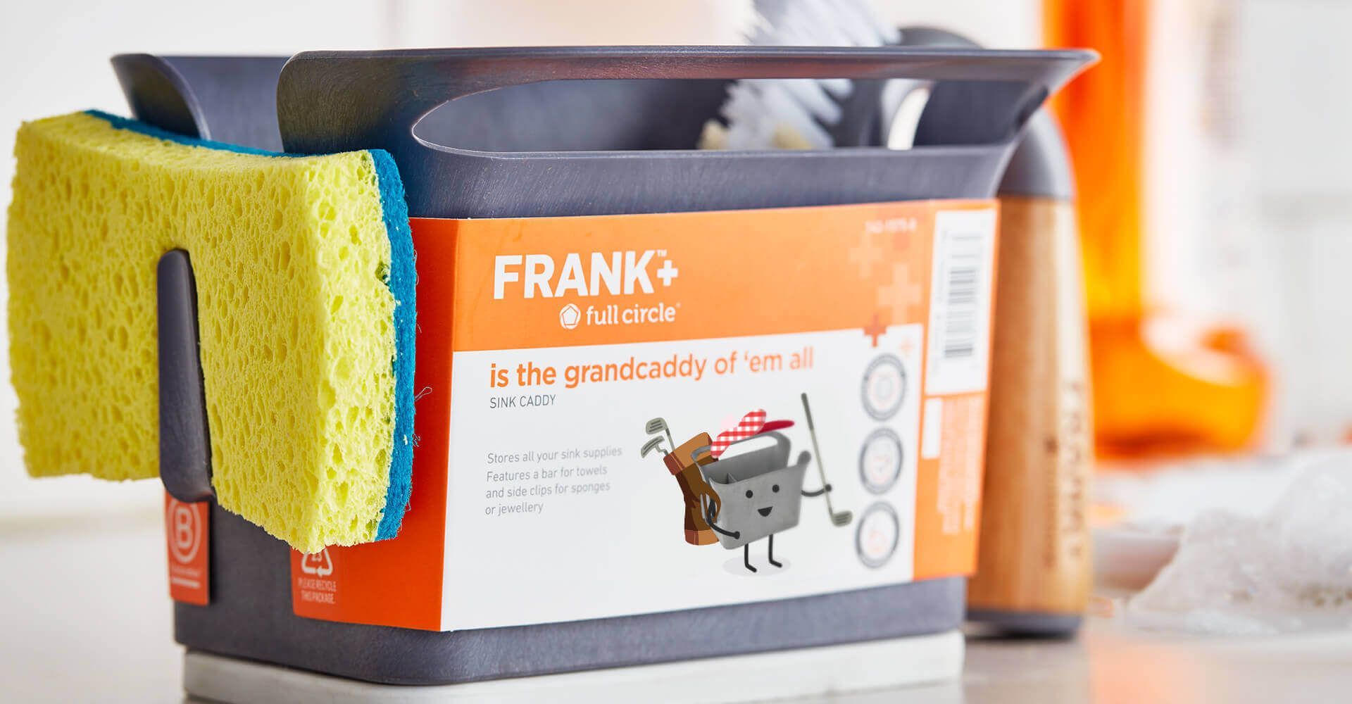 A frank + cleaning bucket with a sponge attached to it