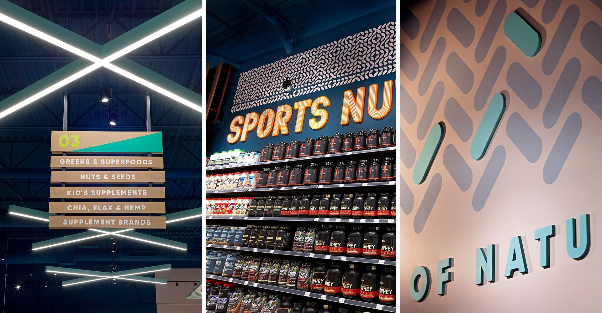 A collage of three pictures of a sports nut store