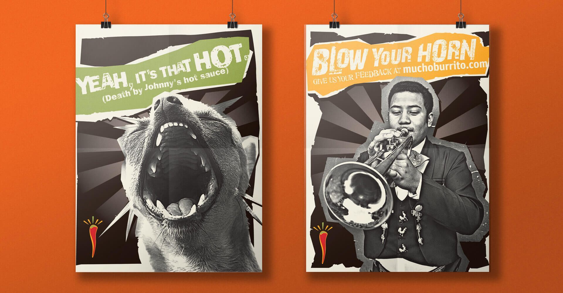 Two posters hanging on a wall with one that says yeah it 's that hot