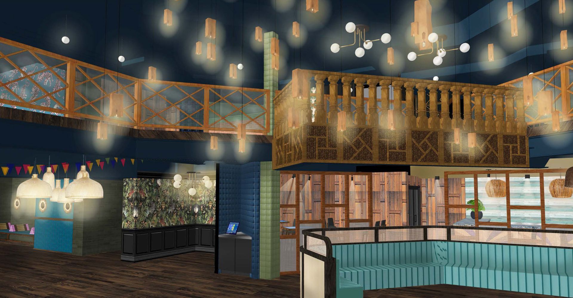 An artist 's impression of a restaurant with lots of lights hanging from the ceiling.
