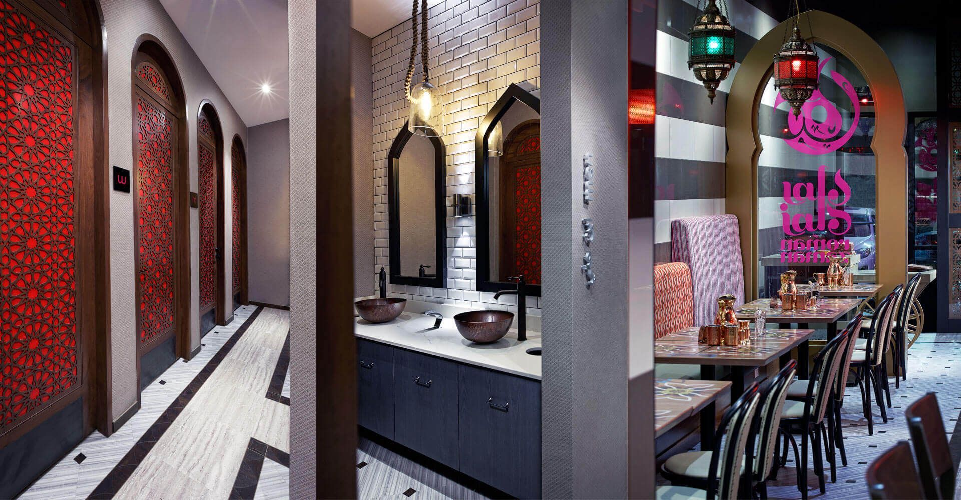 An artist 's impression of a bathroom and dining room in a restaurant.