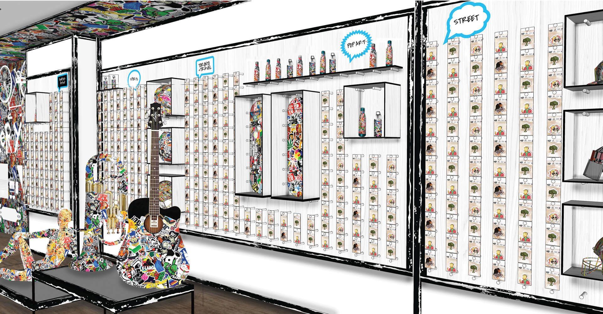 A drawing of a store with a lot of shelves and glasses on the wall.