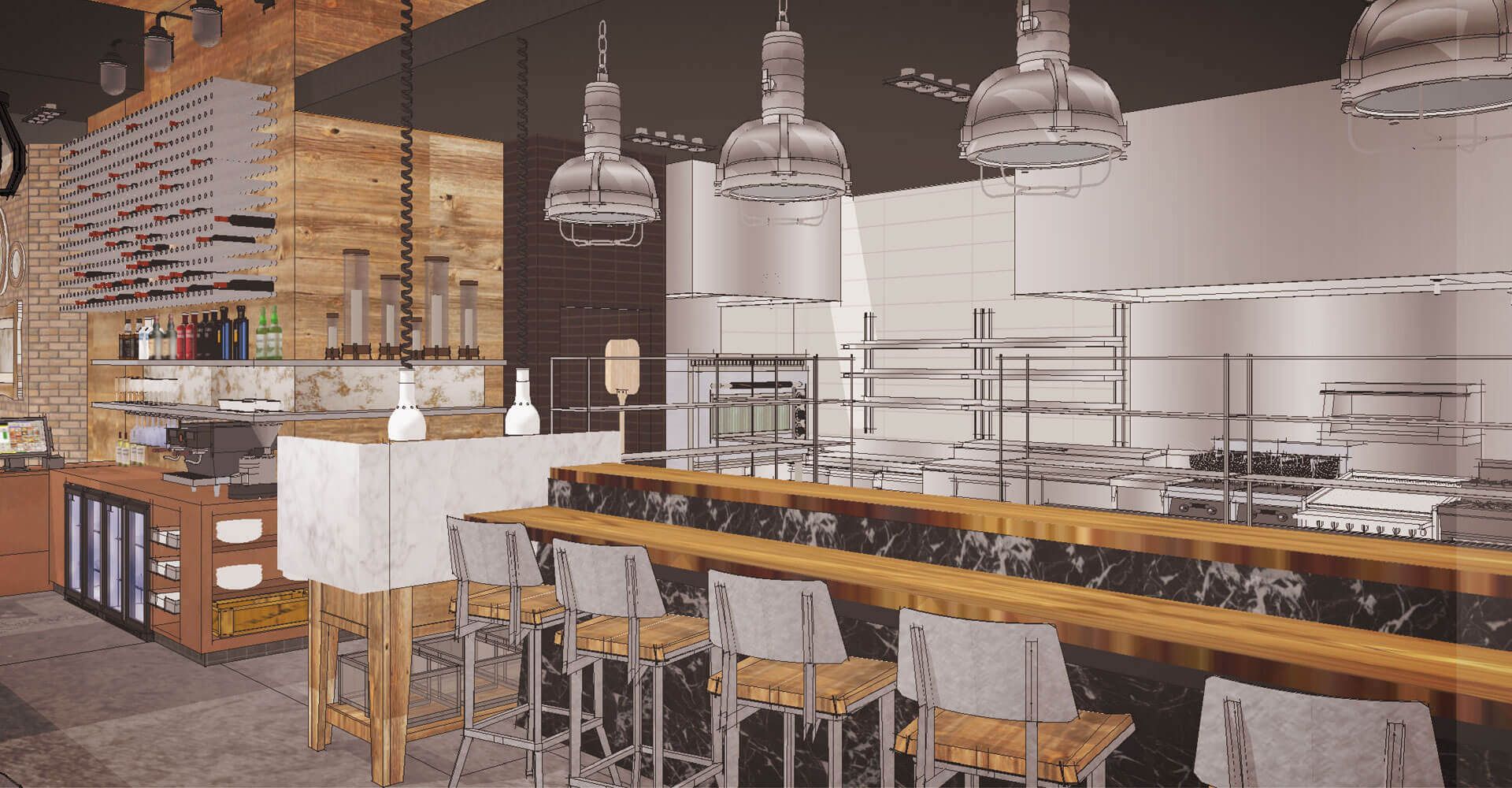 An artist 's impression of a restaurant with tables and chairs.