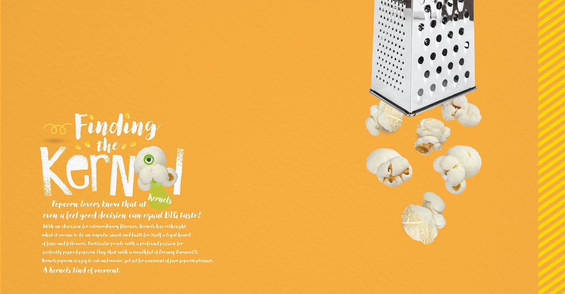 A grater is sitting on top of a pile of popcorn on a yellow background.