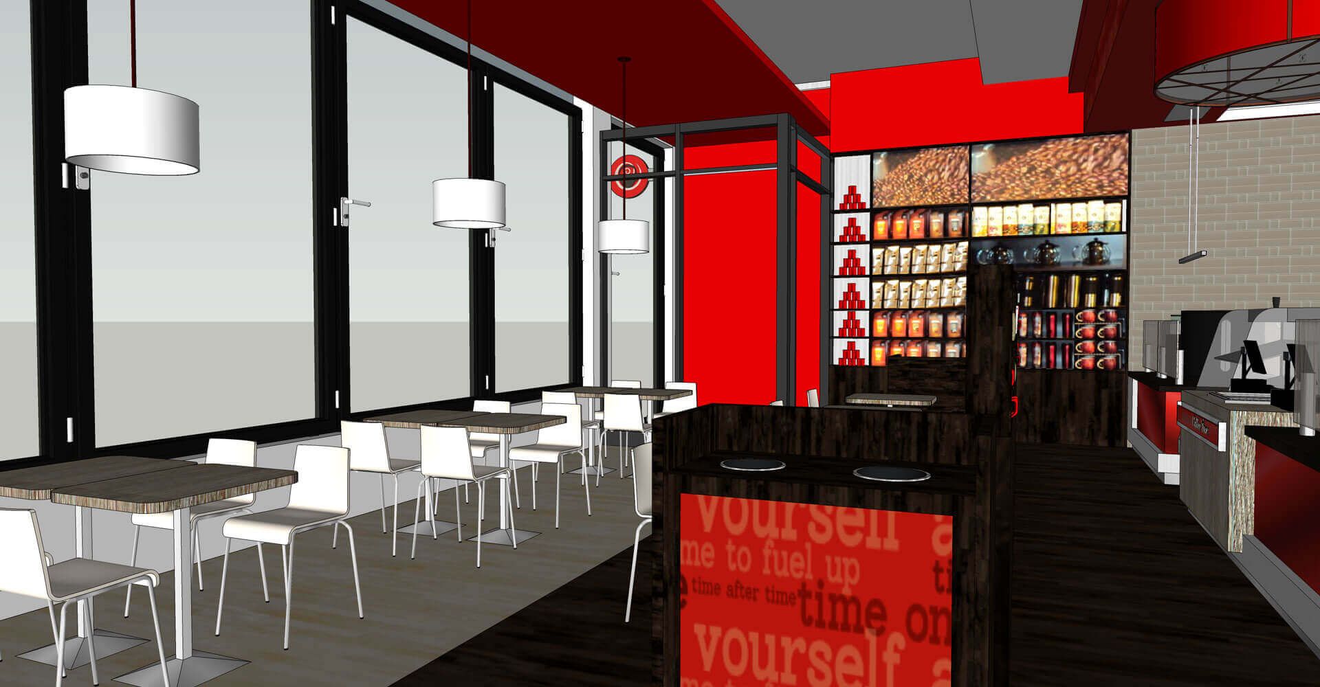 A computer generated image of a restaurant with a sign that says yourself
