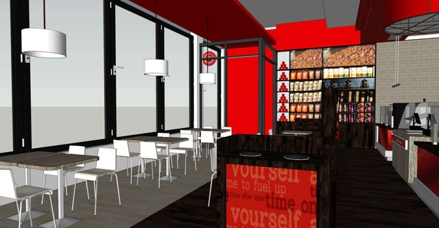 A computer generated image of a restaurant with a sign that says yourself