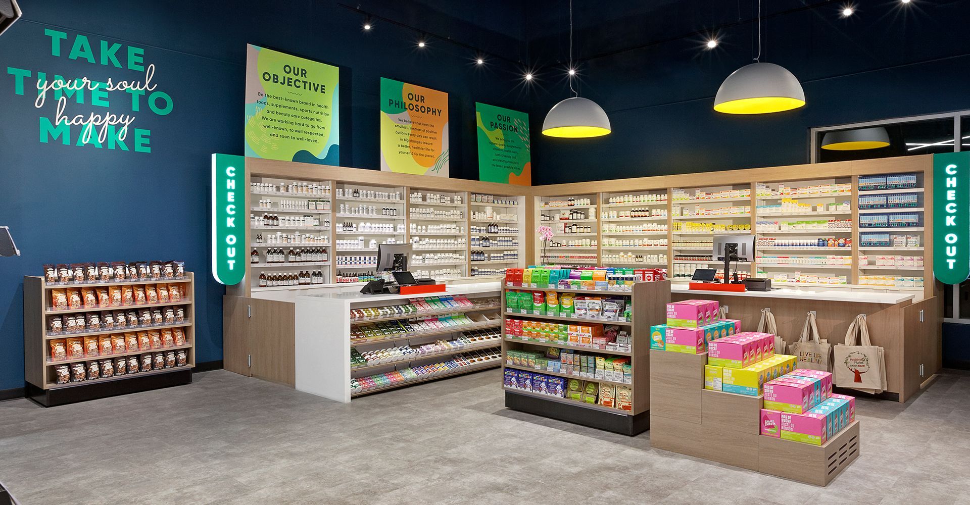 A rendering of a pharmacy with lots of shelves and a counter.