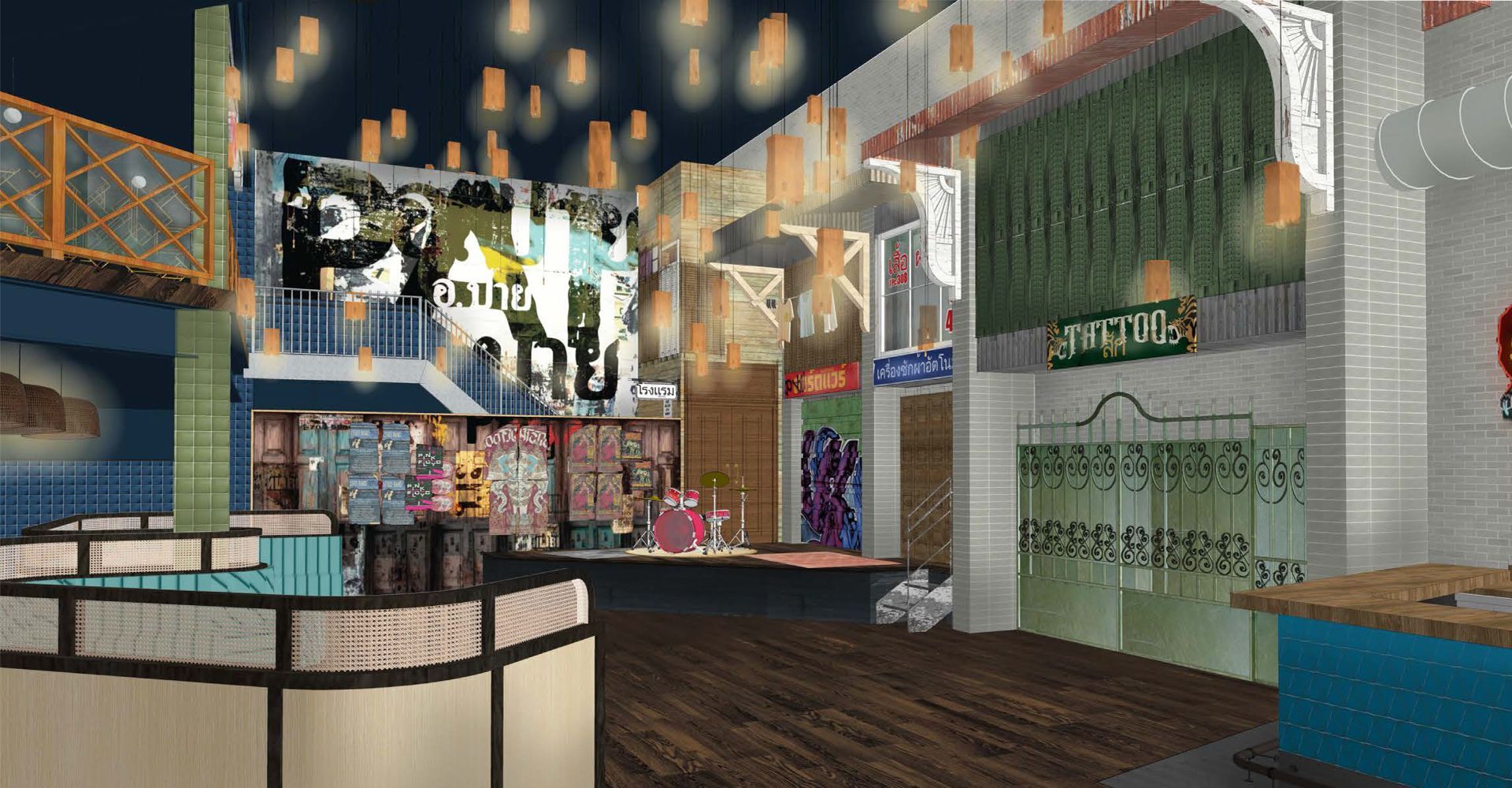An artist 's impression of a restaurant with a large screen on the wall.