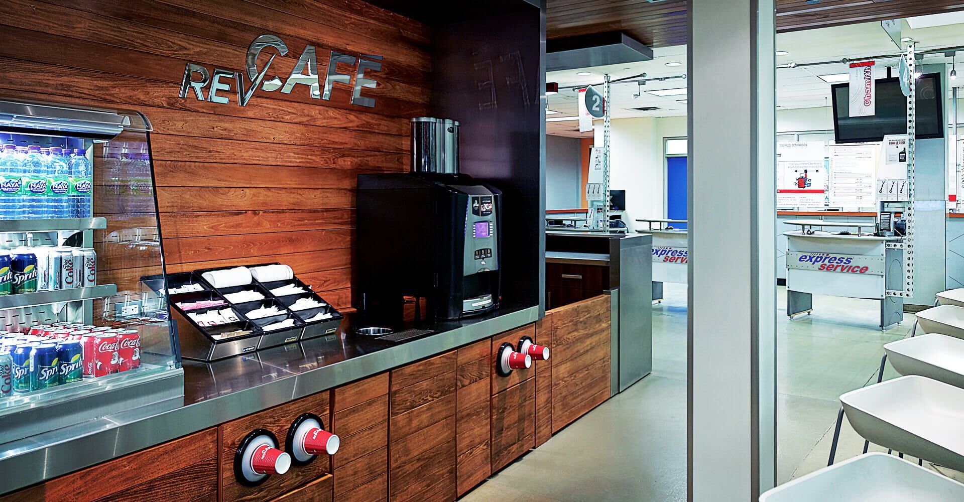 A restaurant with the word cafe on the wall