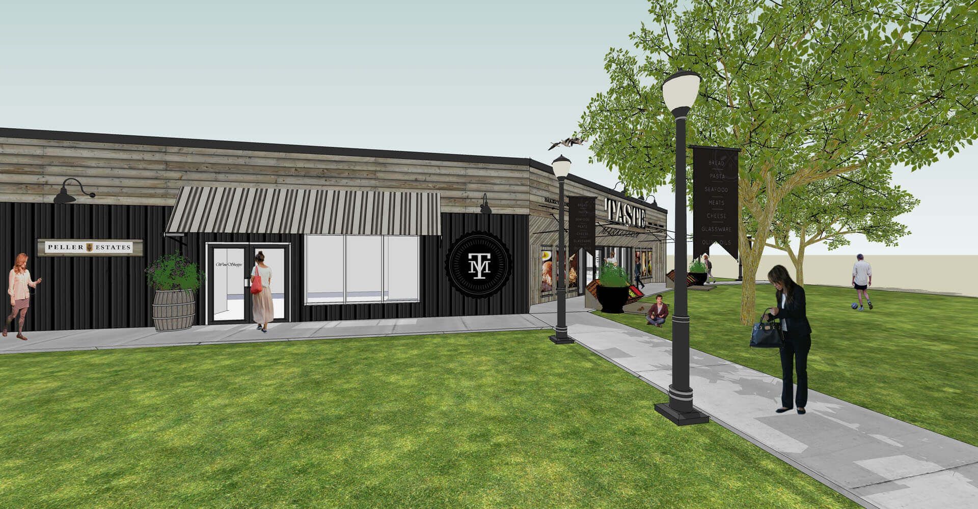 A rendering of a building with people walking down a sidewalk in front of it.