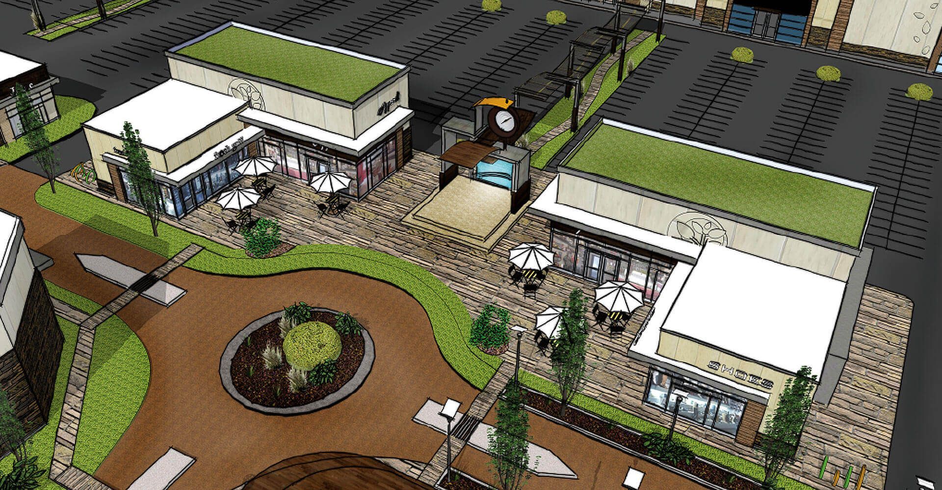 An aerial view of a building with a green roof