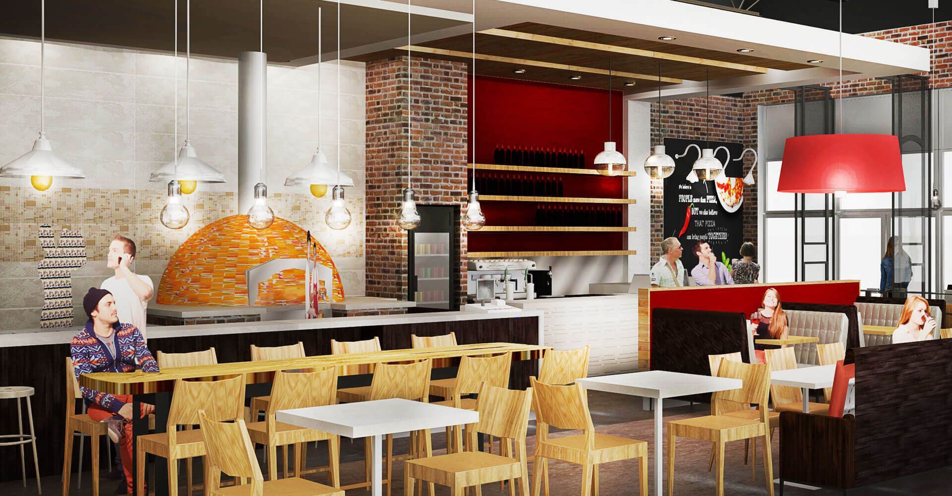An artist 's impression of a restaurant with tables and chairs and a pizza oven.