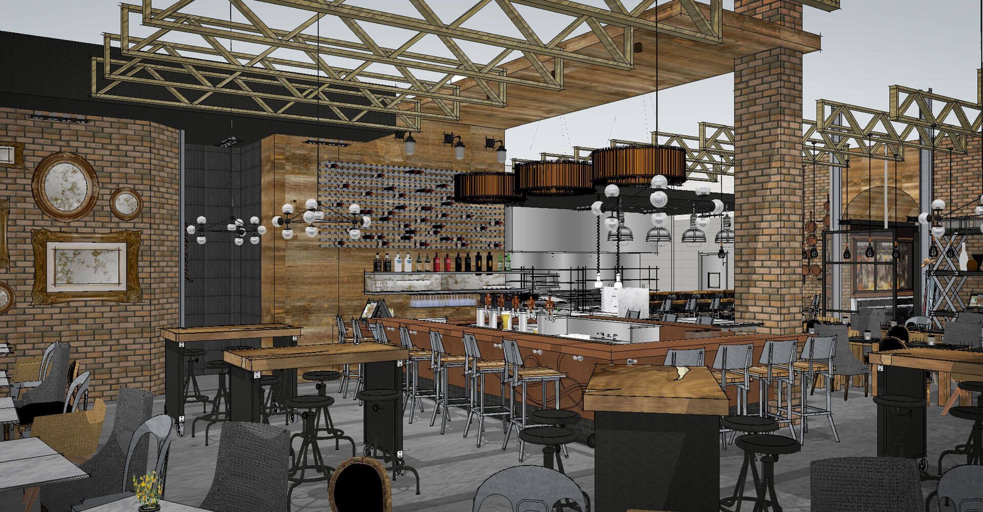 A rendering of a restaurant with tables and chairs and a bar.