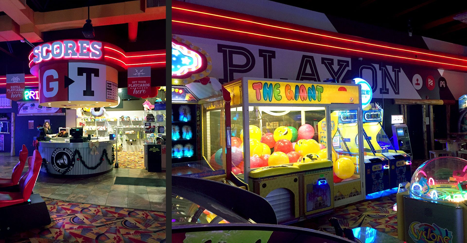 A couple of pictures of an arcade with a claw machine and a car parked in front of it.