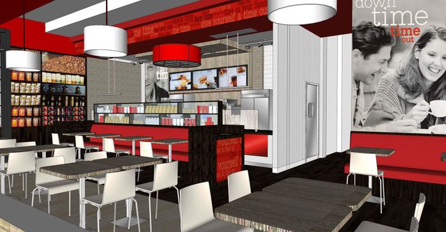 An artist 's impression of a restaurant with tables and chairs