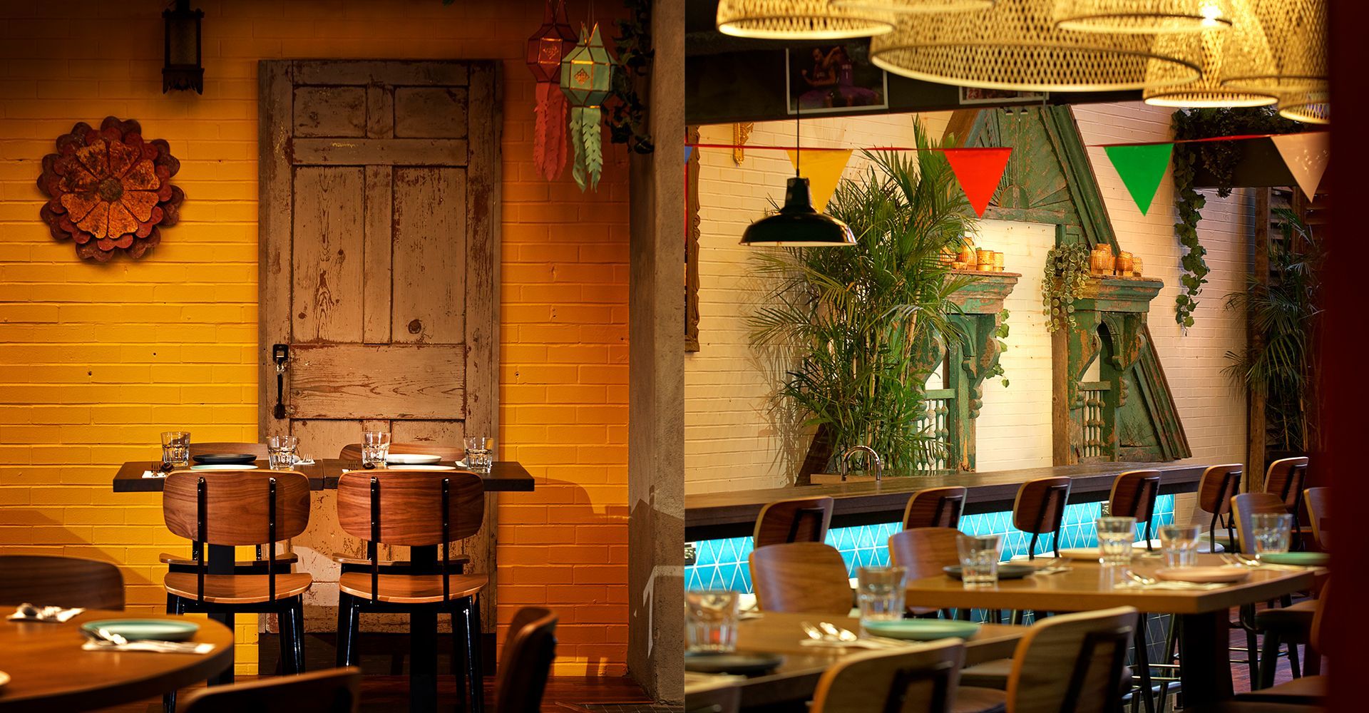 A restaurant with tables and chairs and a wooden door