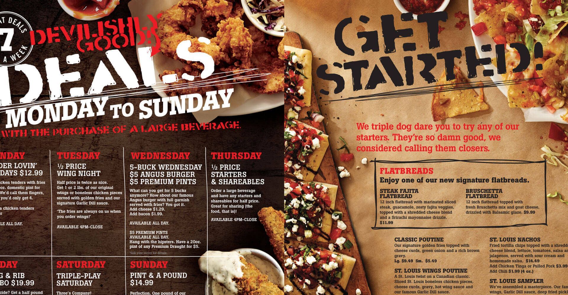 A menu for a restaurant that says deals monday to sunday