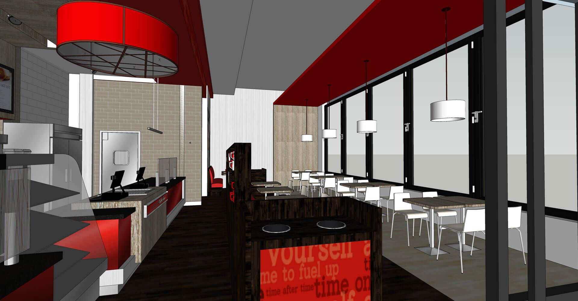A computer generated image of a restaurant with tables and chairs