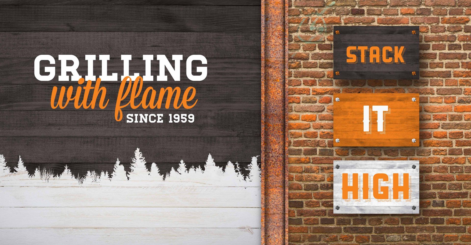 A brick wall with a sign that says grilling with flame
