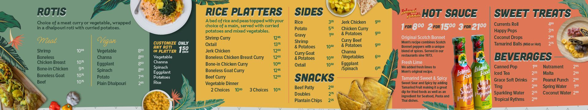 A menu for a restaurant with three different types of food