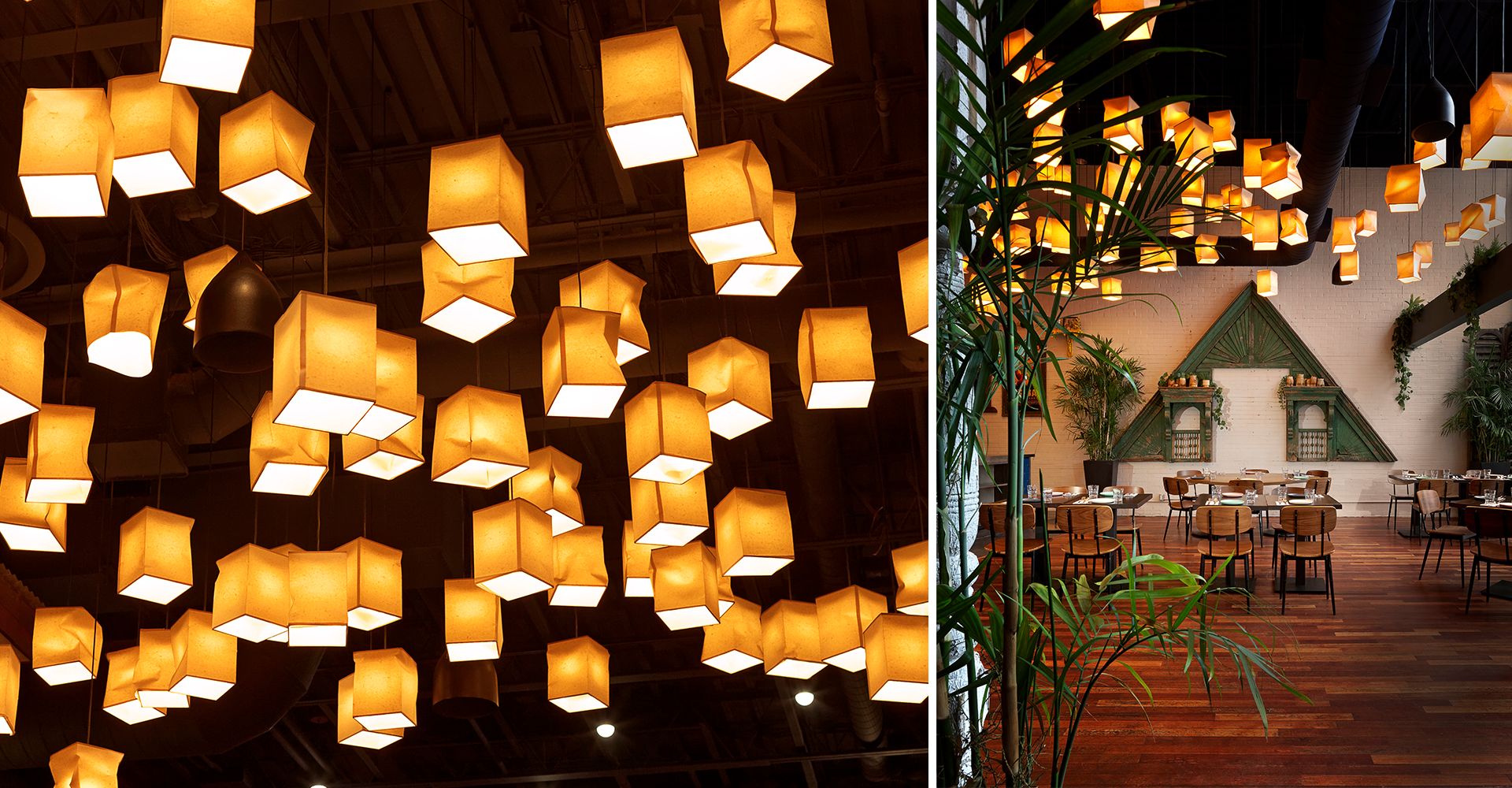 A restaurant with lots of lights hanging from the ceiling