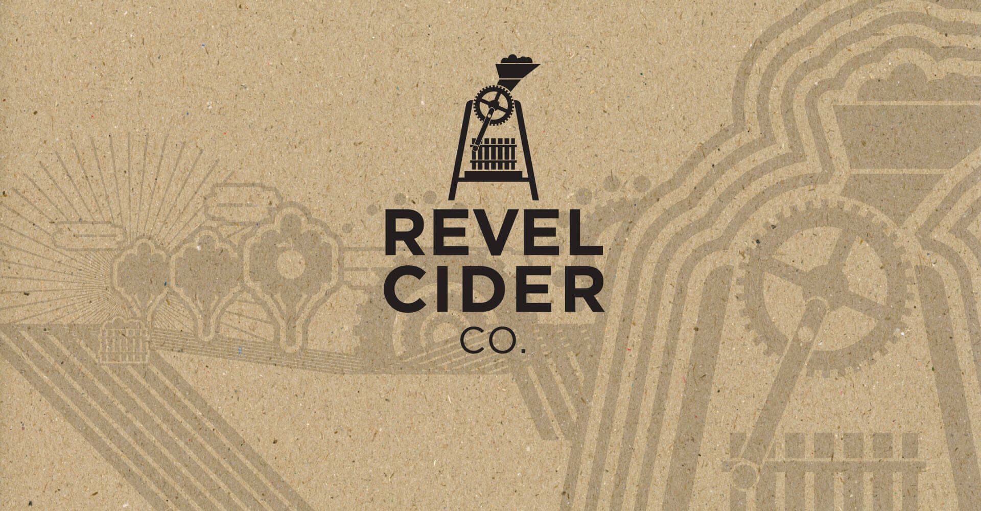 The revel cider co. logo is on a brown background
