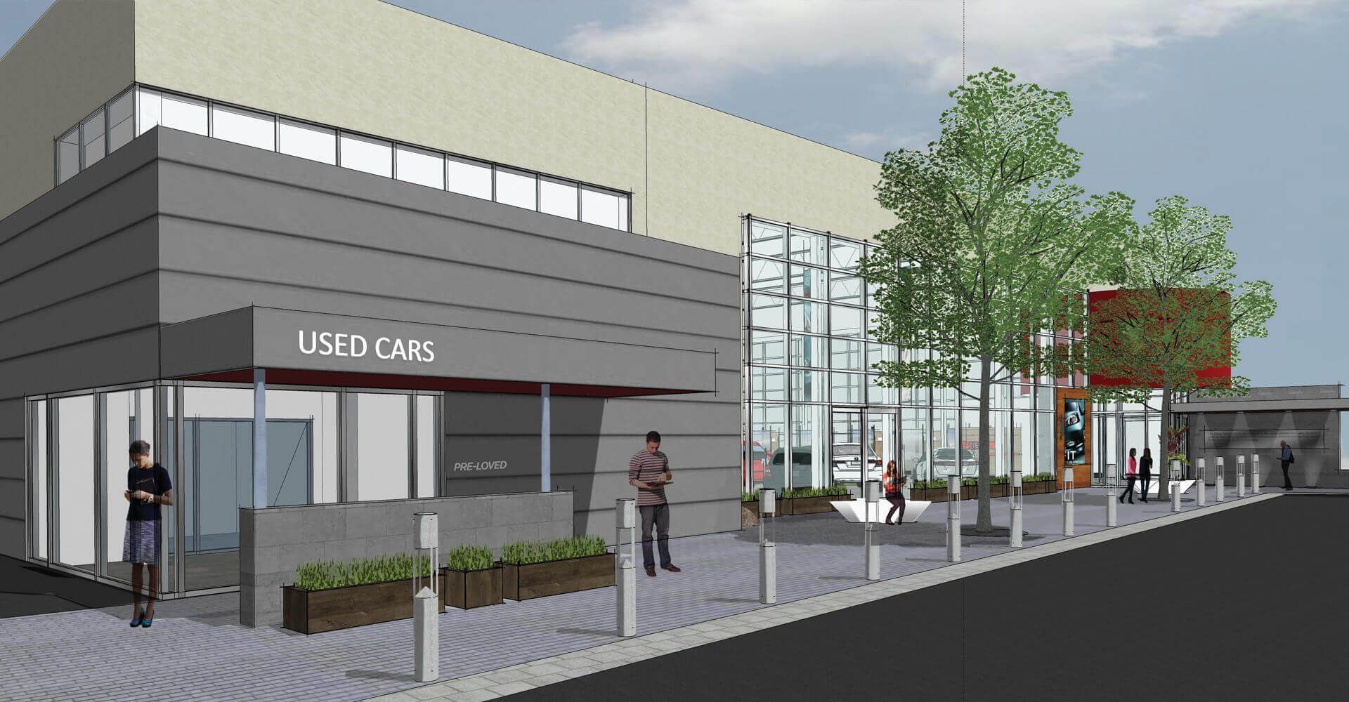 An artist 's impression of a used cars building