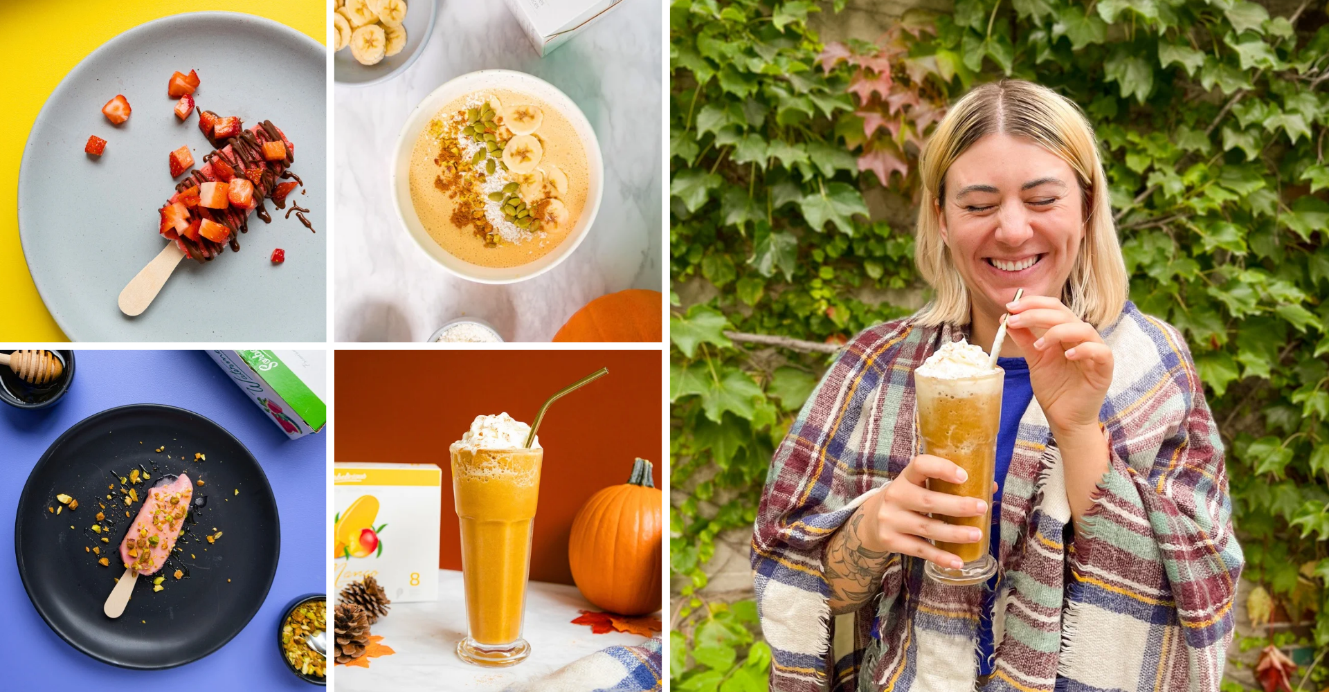 A woman is eating a pumpkin pie and drinking a milkshake.