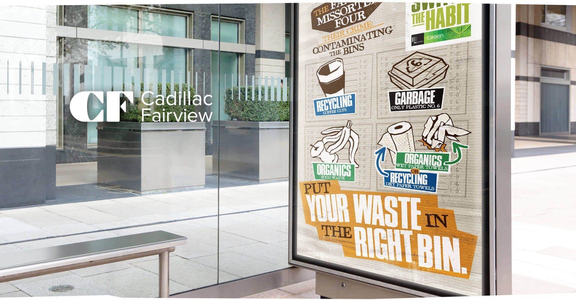 A bus stop with a sign that says put your waste in the right bin